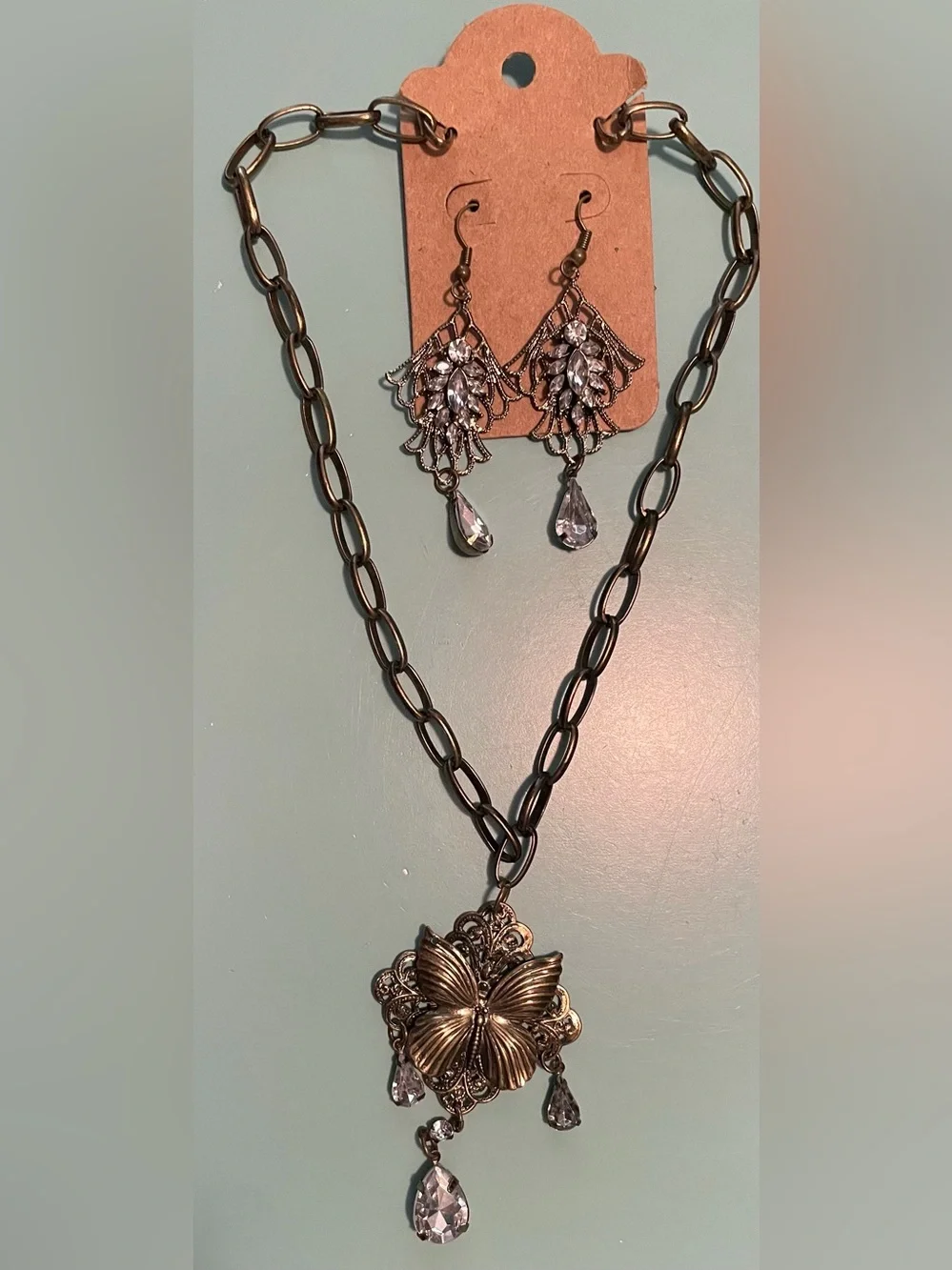 Victorian Style Bronze Butterfly Filigree Necklace & Earring Set-Crystal Accent